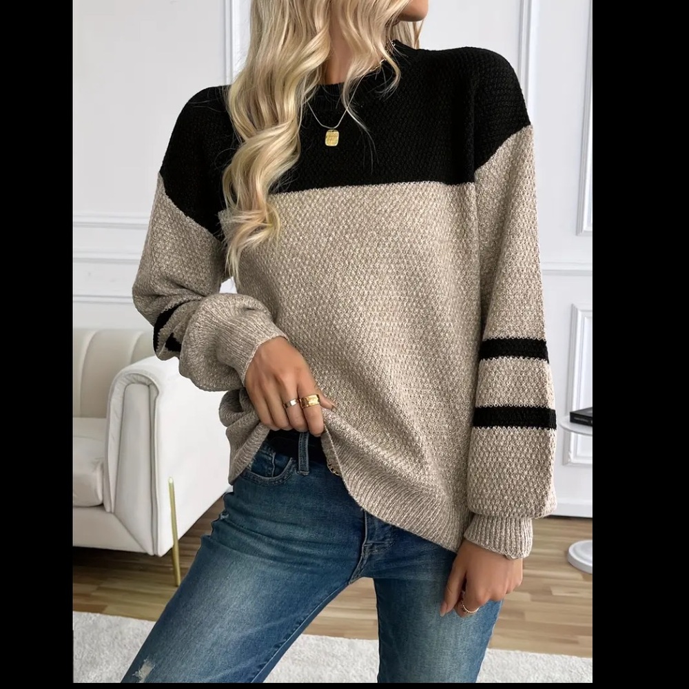 Colorblock Women's Tan Knit Sweater